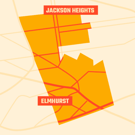 Simplified illustration of City Council district 25 borders in Jackson Heights and Elmhurst Queens